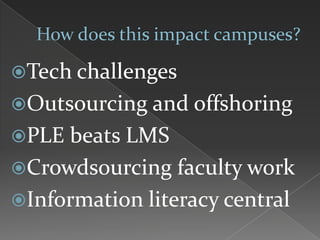 Tech challenges
Outsourcing and offshoring
PLE beats LMS
Crowdsourcing faculty work
Information literacy central
 