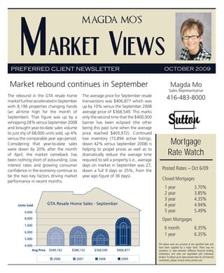 Market Views
                                          Magda Mo’s




 PREFERRED CLIENT NEWSLETTER                                                                 OCTOBER 2009


 Market rebound continues in September                                                              Magda Mo
                                                                                                  Sales Representative
The rebound in the GTA resale home         The average price for September resale
market further accelerated in September    transactions was $406,877 which was
                                                                                                416-483-8000
with 8,196 properties changing hands       up by 10% versus the September 2008
(an all-time high for the month of         average price of $368,549. This marks
September). That figure was up by a        only the second time that the $400,000
whopping 28% versus September 2008         barrier has been eclipsed (the other
and brought year-to-date sales volume      being this past June when the average
to just shy of 68,000 units sold, up 4%    price reached $403,972). Continued
versus the comparable year ago period.     low inventory (15,894 active listings,
Considering that year-to-date sales        down 42% versus September 2008) is                     Mortgage
were down by 20% after the month           helping to propel prices as well as to
of April, the market comeback has          dramatically reduce the average time                  Rate Watch
been nothing short of astounding. Low      required to sell a property (i.e., average
interest rates and growing consumer        days on market in September was 27,
confidence in the economy continue to      down a full 9 days or 25%, from the             Posted Rates – Oct 6/09
be the two key factors driving market      year ago figure of 36 days).
performance in recent months.
                                                                                           Closed Mortgages
                                                                                              1 year                          3.70%
                                                                                              2 year                          3.85%
                                                                                              3 year                          4.35%
     Units Sold           GTA Resale Home Sales - September                                   4 year                          4.94%
         9,000                                                                                5 year                          5.49%
         8,000                                                                             Open Mortgages
         7,000
                                                                                              6 month                         6.35%
         6,000
                                                                                              1 year                          6.35%
         5,000
                                                                                        The above rates are accurate at the specified date and
         4,000
                                                                                        have been supplied by a major bank. There may be
              Avg Price   $349,142   $380,132     $368,549     $406,877                 variations in rates between different financial lending
                                                                                        institutions, and rates are negotiable with individual
                                                                                        lenders. To obtain up-to-date posted rates for all financial
                            2006       2007         2008          2009                  institutions, please consult www.cannex.com.
 
