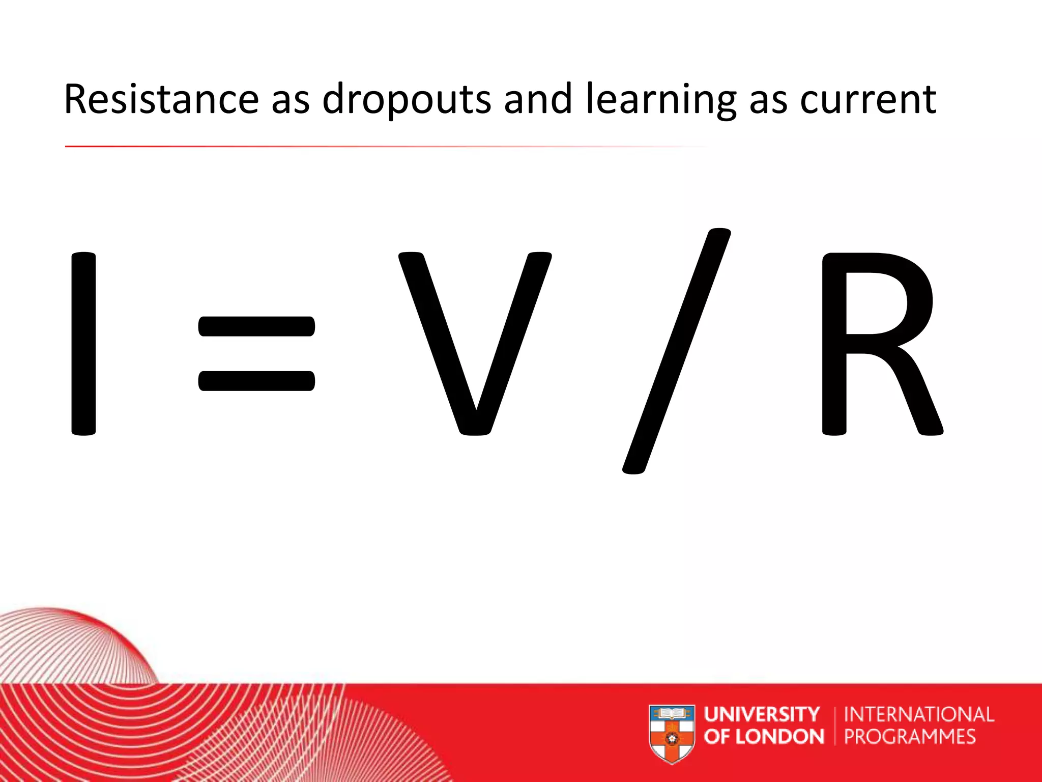 Resistance as dropouts and learning as current

I=V/R
Worldwide Access | Opportunity | International Standards

 