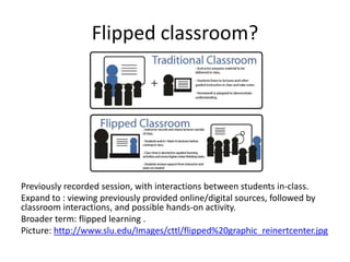 Flipped classroom?
Previously recorded session, with interactions between students in-class.
Expand to : viewing previously provided online/digital sources, followed by
classroom interactions, and possible hands-on activity.
Broader term: flipped learning .
Picture: http://www.slu.edu/Images/cttl/flipped%20graphic_reinertcenter.jpg
 