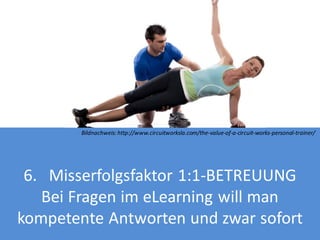 Bildnachweis: http://www.circuitworksla.com/the-value-of-a-circuit-works-personal-trainer/

6. Misserfolgsfaktor 1:1-BETREUUNG
Bei Fragen im eLearning will man
kompetente Antworten und zwar sofort

 