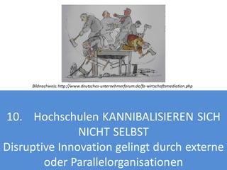 Bildnachweis: http://www.deutsches-unternehmerforum.de/fa-wirtschaftsmediation.php

10. Hochschulen KANNIBALISIEREN SICH
NICHT SELBST
Disruptive Innovation gelingt durch externe
oder Parallelorganisationen

 