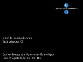 Institut de Ciències de l'Educació
Secció Universitat. ICE
Centre de Recursos per a l'Aprenentatge i la Investigació
Unitat de Suport a la docència. USD - CRAI
 