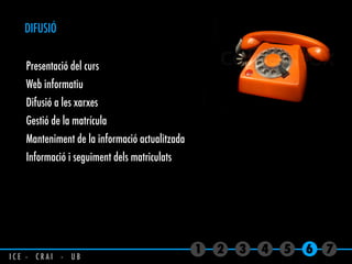 DIFUSIÓ
1 2 3 4 5 6 7
Presentació del curs
Web informatiu
Difusió a les xarxes
Gestió de la matrícula
Manteniment de la informació actualitzada
Informació i seguiment dels matriculats
I C E - C R A I - U B
 