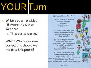 1.
Write a poem entitled
“If I Were the Other
Gender.”
1. Three stanza required.
2.
WAIT! What grammar
corrections should we
make to this poem?