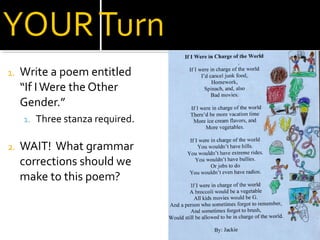 1.
Write a poem entitled
“If I Were the Other
Gender.”
1. Three stanza required.
2.
WAIT! What grammar
corrections should we
make to this poem?
