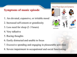 Symptoms of manic episode
1. An elevated, expansive, or irritable mood
2. Increased self-esteem or grandiosity
3. Less need for sleep (2–3 hours)
4. Very talkative
5. Racing thoughts
6. Easily distracted and unable to focus
7. Excessive spending and engaging in pleasurable activities
8. Severe impairment in occupational and social functioning
 