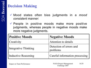 Decision Making

   Mood states often bias judgments in a mood
    consistent manner:
   People in positive moods make m...