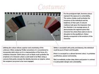 Costumes
                                                                                       For the protagonist light, feminine colours
                                                                                       represent the exposure to vulnerability.
                                                                                       The various shades could symbolise the
                                                                                       innocence of the individual and the
                                                                                       brightness of their spirit. A natural
                                                                                       mediocre look gives the impression that
                                                                                       the character is an average person. It
                                                                                       demonstrates the regime/routine that
                                                                                       character has where there seems to be no
                                                                                       disruption to the equilibrium. Colour
                                                                                       directly corresponds to the emotions of the
                                                                                       character.




Utilising dim colours allures suspicion and uncertainty of the          White; is associated with purity and decency, the individual
unknown. When analysing Thriller conventions it is conventional to      could be pure of heart and thoughts.
incorporate dark colours as it is a representative of the forces of a
                                                                        Pink; it is conveyed as a vibrant feminine colour, it symbolises
vindictive character .Dark colours such as black could symbolise the
                                                                        youthfulness, passion and serenity.
emptiness of a character where a void needs to be filled .Using a
costume that partly conceals the identity becomes an enigma, where      Red; immediately evokes deep desire and passion in contrast
the recipients are prone to be more engaged.                            it could predict danger and vulnerability.
 