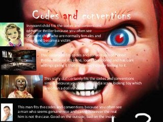 Codes and conventions
Innocent child fits the codes and conventions
of horror thriller because you often see
innocent child who are normally females and
they tend become a victim.
This classroom fits codes and conventions of horror
thriller because it’s eerie, looks abandoned and has dark
settings giving it that mysterious creepy feeling to it.
This scary doll certainly fits the codes and conventions
simply because you normally find a scary looking toy which
are often a doll in horror thriller
This man fits the codes and conventions because you often see
a man who seems genuine nice and caring however the real
him is not the case. Good on the outside, bad on the inside.
 