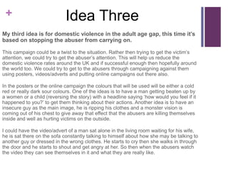 +
My third idea is for domestic violence in the adult age gap, this time it’s
based on stopping the abuser from carrying on.
This campaign could be a twist to the situation. Rather then trying to get the victim’s
attention, we could try to get the abuser’s attention. This will help us reduce the
domestic violence rates around the UK and if successful enough then hopefully around
the world too. We could try to get to the abusers through campaigning against them
using posters, videos/adverts and putting online campaigns out there also.
In the posters or the online campaign the colours that will be used will be either a cold
red or really dark sour colours. One of the ideas is to have a man getting beaten up by
a women or a child (reversing the story) with a headline saying ‘how would you feel if it
happened to you?’ to get them thinking about their actions. Another idea is to have an
insecure guy as the main image, he is ripping his clothes and a monster vision is
coming out of his chest to give away that effect that the abusers are killing themselves
inside and well as hurting victims on the outside.
I could have the video/advert of a man sat alone in the living room waiting for his wife,
he is sat there on the sofa constantly talking to himself about how she may be talking to
another guy or dressed in the wrong clothes. He starts to cry then she walks in through
the door and he starts to shout and get angry at her. So then when the abusers watch
the video they can see themselves in it and what they are really like.
Idea Three
 