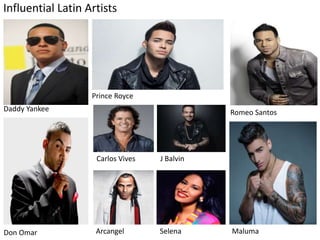 8
Influential Latin Artists
Daddy Yankee
Don Omar
Prince Royce
Romeo Santos
MalumaArcangel Selena
Carlos Vives J Balvin
 