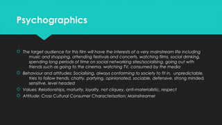 PsychographicsPsychographics
 The target audience for this film will have the interests of a very mainstream life including
music and shopping, attending festivals and concerts, watching films, social drinking,
spending long periods of time on social networking sites/socialising, going out with
friends such as going to the cinema, watching TV, consumed by the media
 Behaviour and attitudes: Socialising, always conforming to society to fit in, unpredictable,
tries to follow trends, chatty, partying, opinionated, sociable, defensive, strong minded,
sensitive, level headed
 Values: Relationships, maturity, loyalty, not cliquey, anti-materialistic, respect
 Attitude: Cross Cultural Consumer Characterisation: Mainstreamer
 The target audience for this film will have the interests of a very mainstream life including
music and shopping, attending festivals and concerts, watching films, social drinking,
spending long periods of time on social networking sites/socialising, going out with
friends such as going to the cinema, watching TV, consumed by the media
 Behaviour and attitudes: Socialising, always conforming to society to fit in, unpredictable,
tries to follow trends, chatty, partying, opinionated, sociable, defensive, strong minded,
sensitive, level headed
 Values: Relationships, maturity, loyalty, not cliquey, anti-materialistic, respect
 Attitude: Cross Cultural Consumer Characterisation: Mainstreamer
 