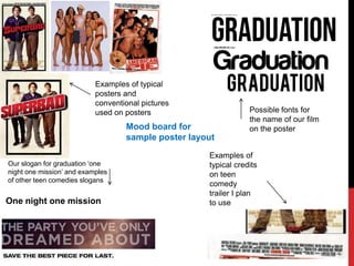 Examples of typical
                           posters and
                           conventional pictures
                           used on posters                       Possible fonts for
                                                                 the name of our film
                                   Mood board for                on the poster
                                   sample poster layout

                                                     Examples of
Our slogan for graduation ‘one                       typical credits
night one mission’ and examples                      on teen
of other teen comedies slogans
                                                     comedy
                                                     trailer I plan
One night one mission                                to use
 