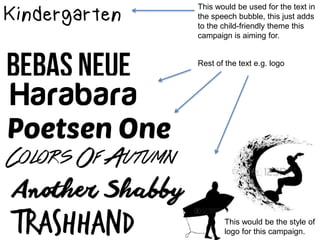 This would be used for the text in
the speech bubble, this just adds
to the child-friendly theme this
campaign is aiming for.
Rest of the text e.g. logo
This would be the style of
logo for this campaign.
 