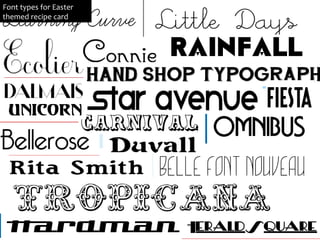 Font types for Easter
themed recipe card
 