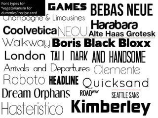 Font types for
‘Vegetarianism for
dummies’ recipe card
 