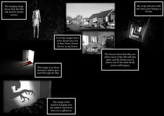The houses show that they are
where most of the film will take
place and the living room is
where one of the main death
scenes will happen.
The hanging image
shows that this film
will involve deaths
scenes.
This image of the
shadow hanging over
the subject represents
that it is a nightmare.
This image is to show
that there will be gore
used through the film.
From the images that I
have chosen you can
se that I have chosen
horror as my Genre.
My script will start with
the main actor being in a
dream.
 