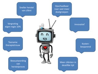 Opschaalbaar
             Sneller herstel
                               naar veel meer
               van cliënt
                                doelgroepen



   Vergroting                                     Innovatief
eigen regie 10%




  Toename
                                                        Kosten-
therapietrouw
                                                       besparend




     Bewustwording
                                    Meer cliënten in
           van
                                     dezelfde tijd
      herstelproces
 