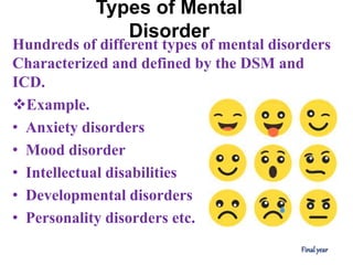 Types of Mental
Disorder
Hundreds of different types of mental disorders
Characterized and defined by the DSM and
ICD.
Example.
• Anxiety disorders
• Mood disorder
• Intellectual disabilities
• Developmental disorders
• Personality disorders etc.
Finalyear
 