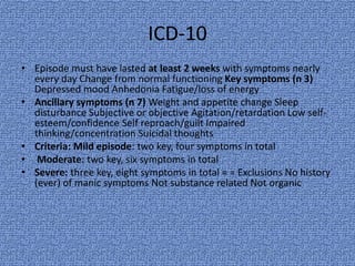 ICD-10
• Episode must have lasted at least 2 weeks with symptoms nearly
  every day Change from normal functioning Key symptoms (n 3)
  Depressed mood Anhedonia Fatigue/loss of energy
• Ancillary symptoms (n 7) Weight and appetite change Sleep
  disturbance Subjective or objective Agitation/retardation Low self-
  esteem/confidence Self reproach/guilt Impaired
  thinking/concentration Suicidal thoughts
• Criteria: Mild episode: two key, four symptoms in total
• Moderate: two key, six symptoms in total
• Severe: three key, eight symptoms in total = = Exclusions No history
  (ever) of manic symptoms Not substance related Not organic
 