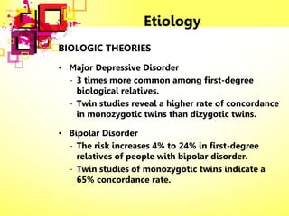 Etiology
BIOLOGIC THEORIES
• Major Depressive Disorder
- 3 times more common among first-degree
biological relatives.
- Twin studies reveal a higher rate of concordance
in monozygotic twins than dizygotic twins.
• Bipolar Disorder
- The risk increases 4% to 24% in first-degree
relatives of people with bipolar disorder.
- Twin studies of monozygotic twins indicate a
65% concordance rate.
 
