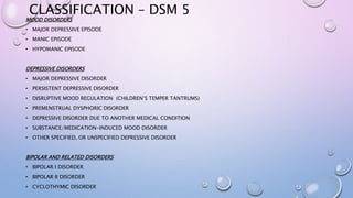 CLASSIFICATION – DSM 5
MOOD DISORDERS
• MAJOR DEPRESSIVE EPISODE
• MANIC EPISODE
• HYPOMANIC EPISODE
DEPRESSIVE DISORDERS
• MAJOR DEPRESSIVE DISORDER
• PERSISTENT DEPRESSIVE DISORDER
• DISRUPTIVE MOOD REGULATION (CHILDREN’S TEMPER TANTRUMS)
• PREMENSTRUAL DYSPHORIC DISORDER
• DEPRESSIVE DISORDER DUE TO ANOTHER MEDICAL CONDITION
• SUBSTANCE/MEDICATION-INDUCED MOOD DISORDER
• OTHER SPECIFIED, OR UNSPECIFIED DEPRESSIVE DISORDER
BIPOLAR AND RELATED DISORDERS
• BIPOLAR I DISORDER
• BIPOLAR II DISORDER
• CYCLOTHYMIC DISORDER
 