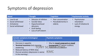 Symptoms of depression
Mood Thought Cognition Psychomotor activity
• Low & sad
• Social withdrawal
• Anhedonia
• Social withdrawal
• Delusion of nilhilism
• Suicidal ideas
• Hypochondriacal
delusions
• Guilt feeling
• Loss of self esteem
• Poor concentration
• Pseudodementia in
elderly
• Psychomotor
retardation
• Lack of initiative &
energy
Somatic symptoms & biological
disturbances
Psychotic symptoms
• Decrease in appetite
• Terminal insominia Early morning
awakening
• Reduced latency of REM sleep
• Diurnal variation (depression is worse
in the morning )
• May be mood congruent or mood
incongruent 2nd person auditory
hallucination / delusionTONY SCARIA 2010
KMC
 