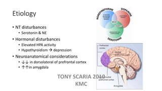 Etiology
• NT disturbances
• Serotonin & NE
• Hormonal disturbances
• Elevated HPA activity
• Hypothyroidism  depression
• Neuroanatomical considerations
• ↓↓ in dorsolateral of prefrontal cortex
• ↑↑in amygdala
TONY SCARIA 2010
KMC
 