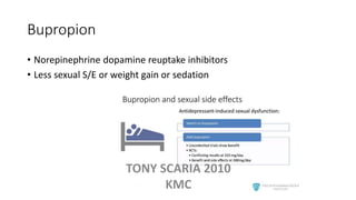 Bupropion
• Norepinephrine dopamine reuptake inhibitors
• Less sexual S/E or weight gain or sedation
TONY SCARIA 2010
KMC
 