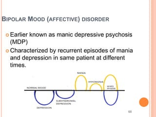 60
BIPOLAR MOOD (AFFECTIVE) DISORDER
 Earlier known as manic depressive psychosis
(MDP)
 Characterized by recurrent episodes of mania
and depression in same patient at different
times.
 