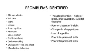 PROMBLEMS IDENTIFIED
• ADL are affected
- Self care
- Work
- Leisure
• Poor cognition
- Attention
- Concentration
- Problem solving
- Decision making
• Changes in Mood and affect
• Maladaptive behaviour
• Thought disorders – flight of
ideas, preoccupation, suicidal
thoughts
• Poor or absent of Insight
• Changes in sleep pattern
• Loss of appetite
• Poor interpersonal skills
• Poor intrapersonal skills
 