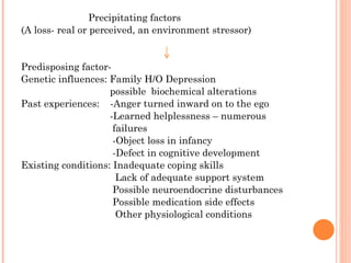 Precipitating factors
(A loss- real or perceived, an environment stressor)
Predisposing factor-
Genetic influences: Family H/O Depression
possible biochemical alterations
Past experiences: -Anger turned inward on to the ego
-Learned helplessness – numerous
failures
-Object loss in infancy
-Defect in cognitive development
Existing conditions: Inadequate coping skills
Lack of adequate support system
Possible neuroendocrine disturbances
Possible medication side effects
Other physiological conditions
 