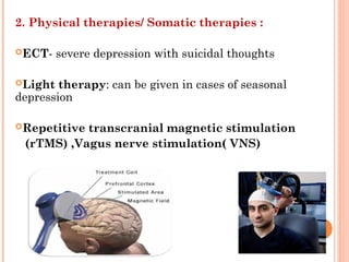 2. Physical therapies/ Somatic therapies :
ECT- severe depression with suicidal thoughts
Light therapy: can be given in cases of seasonal
depression
Repetitive transcranial magnetic stimulation
(rTMS) ,Vagus nerve stimulation( VNS)
 