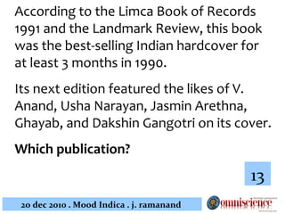 According to the Limca Book of Records 1991 and the Landmark Review, this book was the best-selling Indian hardcover for at least 3 months in 1990.  Its next edition featured the likes of V. Anand, Usha Narayan, Jasmin Arethna, Ghayab, and Dakshin Gangotri on its cover.  Which publication? 13 