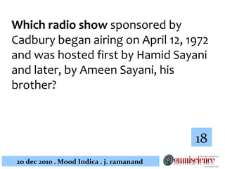 Which radio show  sponsored by Cadbury began airing on April 12, 1972 and was hosted first by Hamid Sayani and later, by Ameen Sayani, his brother?  18 