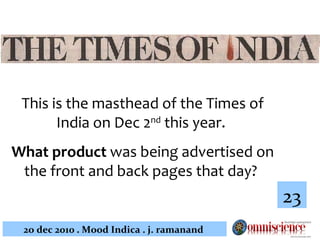 This is the masthead of the Times of India on Dec 2 nd  this year.  What product  was being advertised on the front and back pages that day?   23 