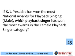 If K. J. Yesudas has won the most National Awards for Playback Singing (Male),  which playback singer  has won the most awards in the Female Playback Singer category?   25 