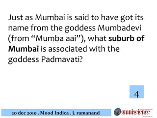 Just as Mumbai is said to have got its name from the goddess Mumbadevi (from  “Mumba aai”),  what  suburb of Mumbai  is associated with the goddess Padmavati ? 4 
