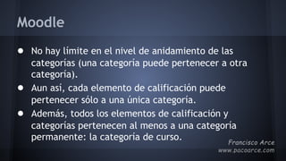 Moodle
● No hay límite en el nivel de anidamiento de las
categorías (una categoría puede pertenecer a otra
categoría).
● Aun así, cada elemento de calificación puede
pertenecer sólo a una única categoría.
● Además, todos los elementos de calificación y
categorías pertenecen al menos a una categoría
permanente: la categoría de curso.
 
