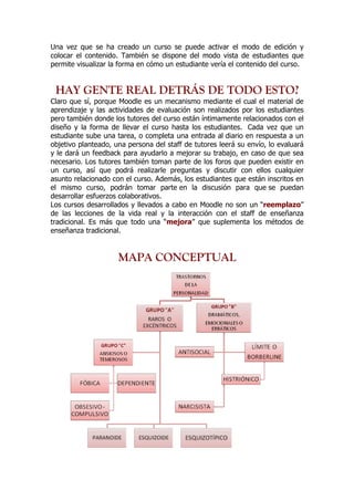 Una vez que se ha creado un curso se puede activar el modo de edición y
colocar el contenido. También se dispone del modo vista de estudiantes que
permite visualizar la forma en cómo un estudiante vería el contenido del curso.


 HAY GENTE REAL DETRÁS DE TODO ESTO?
Claro que sí, porque Moodle es un mecanismo mediante el cual el material de
aprendizaje y las actividades de evaluación son realizados por los estudiantes
pero también donde los tutores del curso están íntimamente relacionados con el
diseño y la forma de llevar el curso hasta los estudiantes. Cada vez que un
estudiante sube una tarea, o completa una entrada al diario en respuesta a un
objetivo planteado, una persona del staff de tutores leerá su envío, lo evaluará
y le dará un feedback para ayudarlo a mejorar su trabajo, en caso de que sea
necesario. Los tutores también toman parte de los foros que pueden existir en
un curso, así que podrá realizarle preguntas y discutir con ellos cualquier
asunto relacionado con el curso. Además, los estudiantes que están inscritos en
el mismo curso, podrán tomar parte en la discusión para que se puedan
desarrollar esfuerzos colaborativos.
Los cursos desarrollados y llevados a cabo en Moodle no son un “reemplazo”
de las lecciones de la vida real y la interacción con el staff de enseñanza
tradicional. Es más que todo una “mejora” que suplementa los métodos de
enseñanza tradicional.


                     MAPA CONCEPTUAL
 