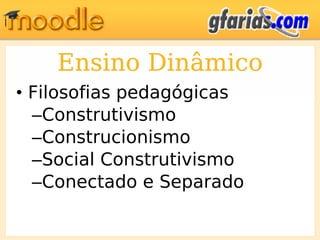 Ensino Dinâmico Filosofias pedagógicas Construtivismo Construcionismo Social Construtivismo Conectado e Separado 