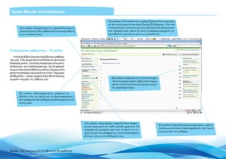 Χρήση Moodle στη διδασκαλία

                                                                          Στο μπλοκ «Τελευταία νέα» εμφανίζονται όλα τα μηνύμα-
                                                                          τα που καταχωρούνται στην Ομάδα Συζήτησης «Νέα και
        Στο μπλοκ «Συμμετέχοντες» φαίνονται όλοι οι                       Ανακοινώσεις» και λειτουργεί ως Πίνακας Ανακοινώσεων
        συμμετέχοντες στο μάθημα (όλοι οι συμμαθητές                      των εκπαιδευτών, αφού σε αυτό το φόρουμ μπορούν να
        και οι εκπαιδευτές)                                               προσθέσουν μηνύματα μόνο οι εκπαιδευτές




Eπεξεργασία μαθήματος – Τα μπλοκ
   Η νέα σελίδα είναι και η σελίδα του μαθήμα-
τός μας. Εδώ εμφανίζονται δεξιά και αριστερά
διάφορα μπλοκ, τα οποία μπορούμε να τα μετα-
κινήσουμε, να τα αποκρύψουμε, να τα αφαιρέ-
σουμε ή και να προσθέσουμε άλλα. Ο χώρος στο
μέσο της σελίδας, κάτω από τον τίτλο «Περιγρα-
φή θέματος», είναι ο χώρος όπου θα στήσουμε
                                                                            Στο μπλοκ «Επικείμενα γεγονότα» εμφα-
κομμάτι-κομμάτι το μάθημά μας.
                                                                            νίζονται ημερομηνίες λήξης δραστηριο-
                                                                            τήτων, αλλά και άλλες προγραμματισμέ-
                                                                            νες δραστηριότητες

       Στο μπλοκ «Δραστηριότητες» μπορείτε να
       βλέπετε όλες τις πηγές και τις δραστηριότητες
       που υπάρχουν στο μάθημα ομαδοποιημένες ανά
       κατηγορία




                                                       Στο μπλοκ «Διαχείριση» εμφανίζονται διαφο-
                                                                                                                    Στο μπλοκ «Πρόσφατη δραστηριότητα» εμφανί-
                                                       ρετικά πράγματα σε κάθε επίπεδο χρηστών. Οι
                                                                                                                    ζονται οι τελευταίες δραστηριότητες που έχουν
                                                       εκπαιδευτές μπορούν από εκεί να έχουν το γε-
                                                                                                                    καταγραφεί στο μάθημα
                                                       νικό έλεγχο του μαθήματος, ενώ οι σπουδαστές
                                                       βλέπουν μόνο τους βαθμούς τους




Σελίδα 14 | Εισαγωγή ΕΛΛΑΚ στην Εκπαίδευση
 