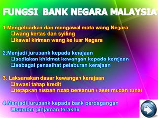 1.Mengeluarkan dan mengawal mata wang Negara
   wang kertas dan syiling
   kawal kiriman wang ke luar Negara

2.Menjadi jurubank kepada kerajaan
   sediakan khidmat kewangan kepada kerajaan
   sebagai penasihat pelaburan kerajaan

3. Laksanakan dasar kewangan kerajaan
    awasi tahap kredit
    tetapkan nisbah rizab berkanun / aset mudah tunai

4.Menjadi jurubank kepada bank perdagangan
   sumber pinjaman terakhir
 