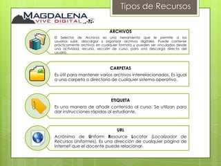 Tipos de Recursos

                              ARCHIVOS
El Selector de Archivos es una herramienta que le permite a los
usuarios subir, descargar y organizar archivos digitales. Puede contener
prácticamente archivos en cualquier formato y pueden ser vinculados desde
una actividad, recurso, sección de curso, para una descarga directa del
usuario.



                              CARPETAS
Es útil para mantener varios archivos interrelacionados. Es igual
a una carpeta o directorio de cualquier sistema operativo.



                               ETIQUETA
Es una manera de añadir contenido al curso. Se utilizan para
dar instrucciones rápidas al estudiante.



                                  URL
Acrónimo de Uniform Resource Locator (Localizador de
Recursos Uniformes). Es una dirección de cualquier página de
Internet que el docente puede relacionar.
 