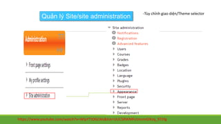 Quản lý Site/site administration -Tùy chỉnh giao diện/Theme selector 
https://www.youtube.com/watch?v=WIpYTtDGLWs&list=UUCSRWMFctmsmGIKsq_97JYg 
 