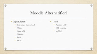 Moodle Alternatifleri
• Açık Kaynak
• Instructure Canvas LMS
• ATutor
• Open edX
• Chamilo
• Sakai
• SWAD
• Ticari
• Paradiso LMS
• CSB Learning
• myVLE
 