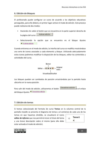 Recursos interactivos en los EVA
15
6. Edición de bloques
El profesorado puede configurar un curso de acuerdo a los objetivos educativos
perseguidos, para ello deberá, en primer lugar activar el modo de edición. Este proceso
puede realizarse de dos modos:
 Haciendo clic sobre el botón que se encuentra en la parte superior derecha de
la página del curso
 Seleccionando la opción que se encuentra en el bloque Ajustes
Cuando entramos en el modo de edición, la interfaz del curso se modifica mostrándose
una serie de iconos asociados a cada elemento y bloque. Utilizando adecuadamente
estos iconos podremos modificar la disposición de los bloques, editar los contenidos y
actividades del curso.
Los bloques pueden ser cambiados de posición arrastrándolos por la pantalla hasta
ubicarlos en la nueva posición.
Para salir del modo de edición, utilizaremos el botón o el enlace
del bloque Ajustes
7. Edición de temas
Si hemos seleccionado del formato de curso Temas en la columna central de la
pantalla moodle se presenta el diagrama de temas y al comienzo de cada uno de los
temas en que hayamos dividido, se visualizará el icono
editor de informe que nos permitirá incluir el título del tema
y una breve descripción sobre el mismo (para ello debe
estar activado el modo de edición).
 