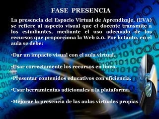 FASE PRESENCIA
La presencia del Espacio Virtual de Aprendizaje, (EVA)
se refiere al aspecto visual que el docente transmite a
los estudiantes, mediante el uso adecuado de los
recursos que proporciona la Web 2.0. Por lo tanto, en el
aula se debe:

•Dar un impacto visual con el aula virtual.

•Usar correctamente los recursos en línea.

•Presentar contenidos educativos con eficiencia.

•Usar herramientas adicionales a la plataforma.

•Mejorar la presencia de las aulas virtuales propias
 