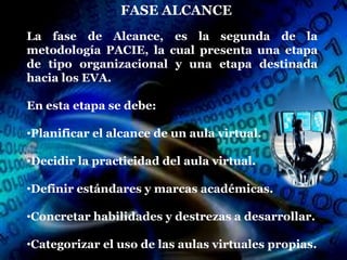 FASE ALCANCE
La fase de Alcance, es la segunda de la
metodología PACIE, la cual presenta una etapa
de tipo organizacional y una etapa destinada
hacia los EVA.

En esta etapa se debe:

•Planificar el alcance de un aula virtual.

•Decidir la practicidad del aula virtual.

•Definir estándares y marcas académicas.

•Concretar habilidades y destrezas a desarrollar.

•Categorizar el uso de las aulas virtuales propias.
 